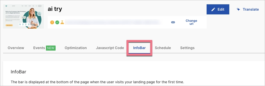 Where to find InfoBar tab in landing page Dashboard