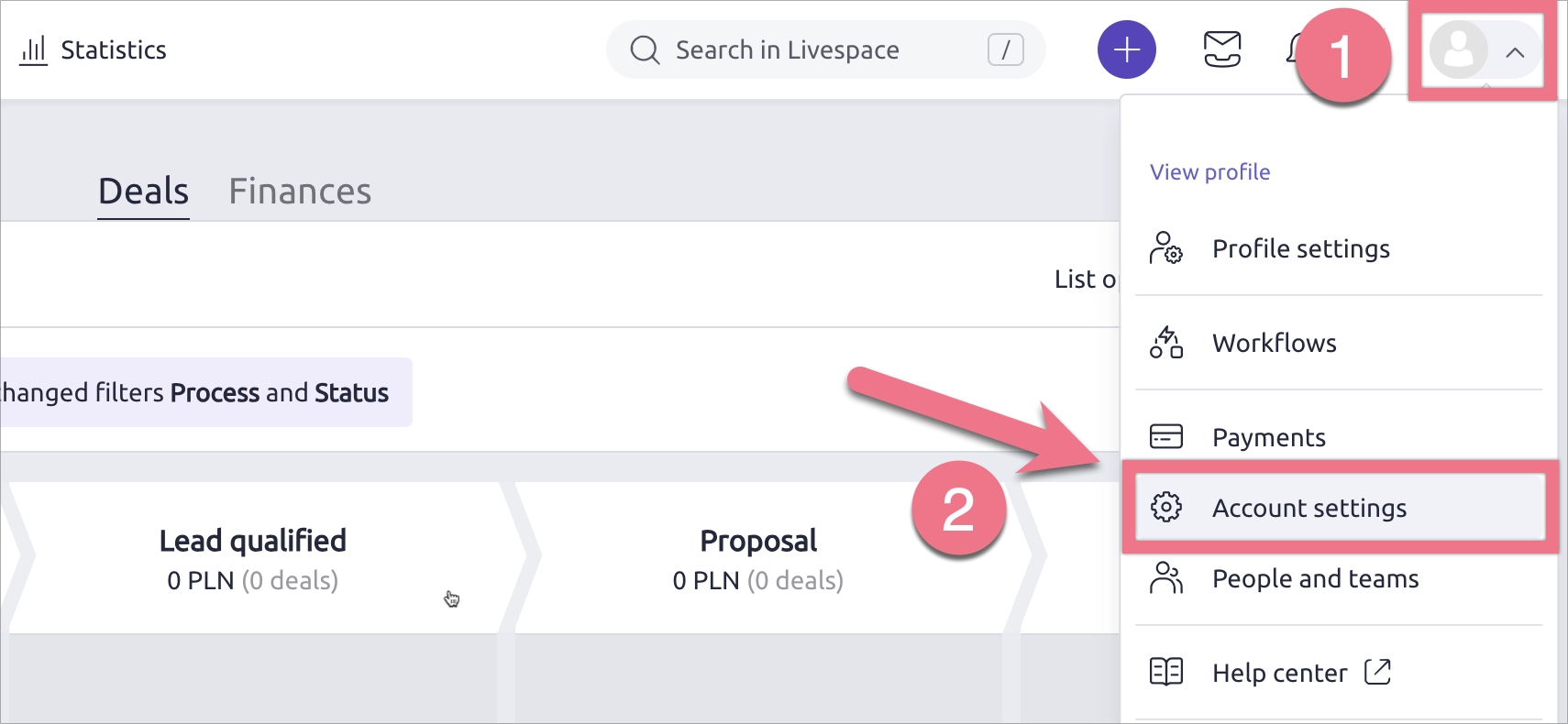 A cursor clicks an avatar, then selects Account settings from a dropdown menu