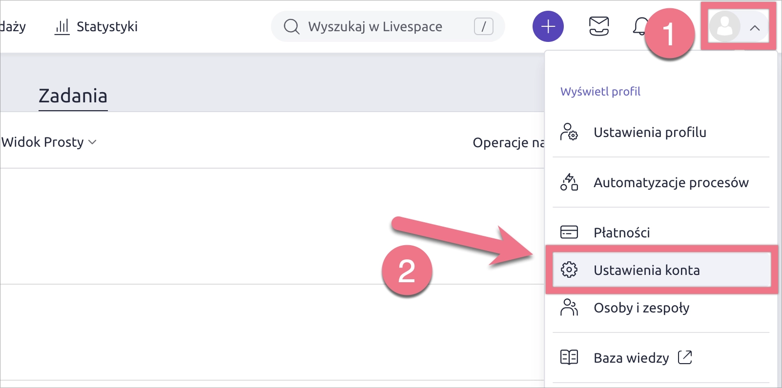 Platforma Livespace z menu i przejściem do ustawień konta