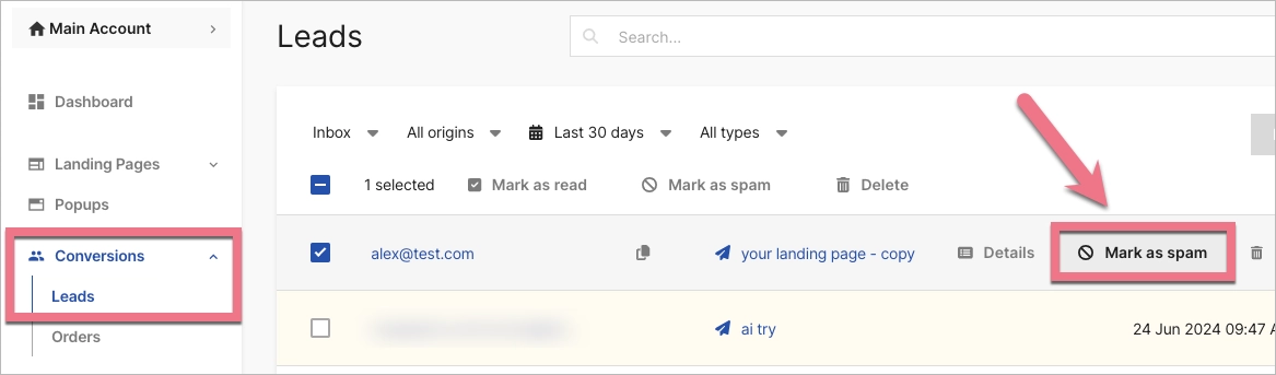 Marking leads as spam in Landingi