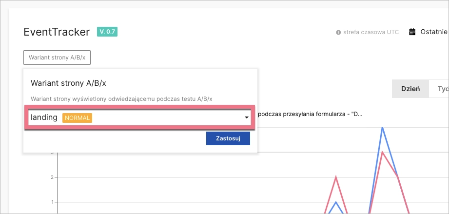 Filtr EventTrackera: wariant strony A/B/x