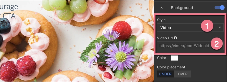 Four decorated donuts and a UI panel with video background style and video URL settings highlighted