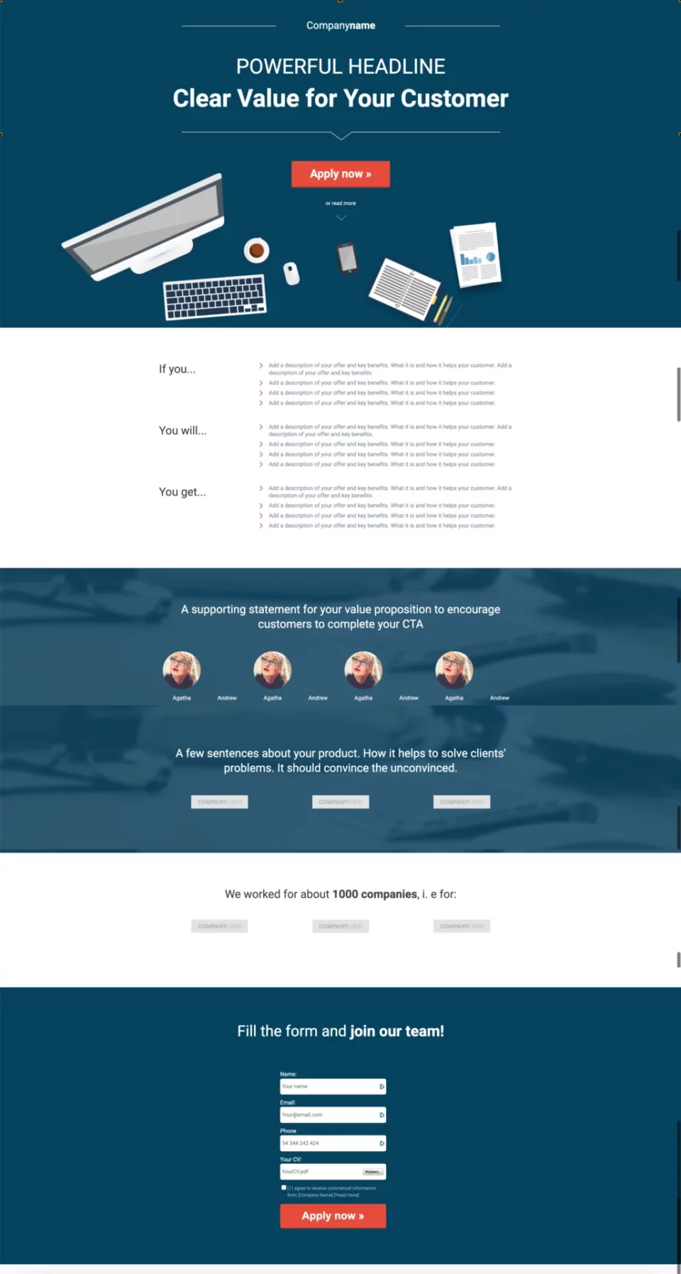 lead generation landing page template with a few sections