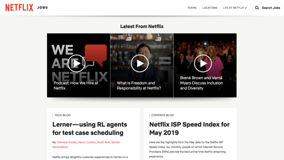 landing page de recrutamento da Netflix - seção de vídeos