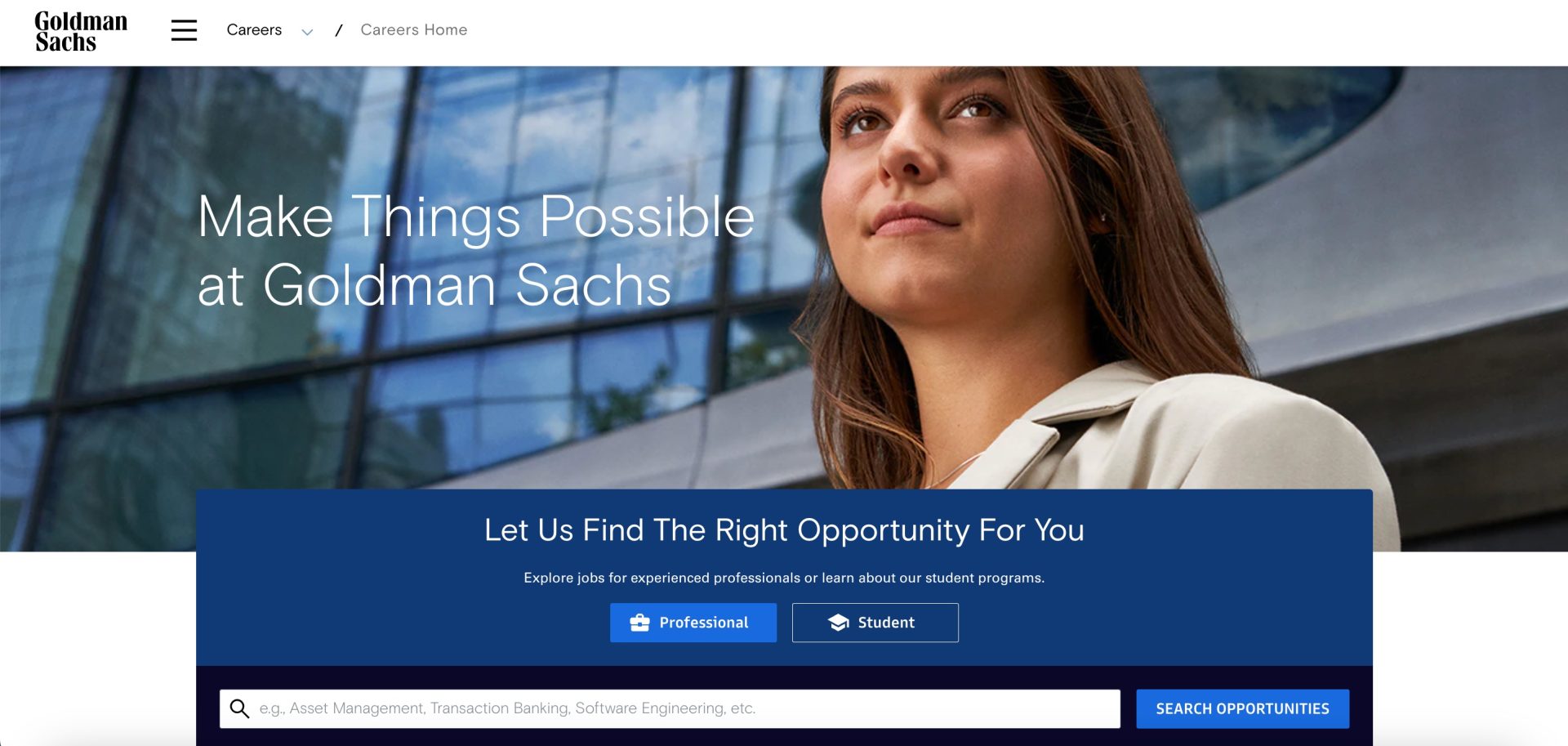 Página inicial de recrutamento do Goldman Sachs
