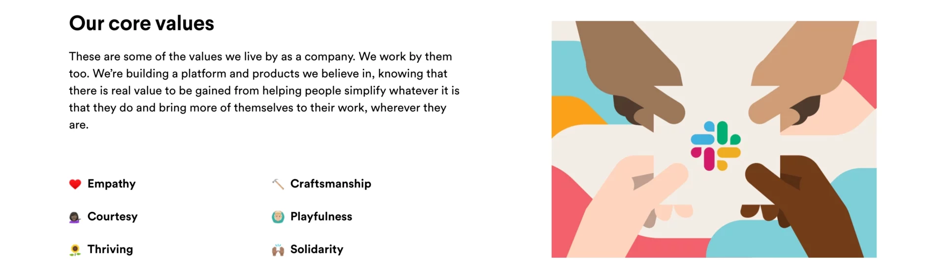 Core company values inviting to launch a candidate journey (recruitment landing page by Slack)