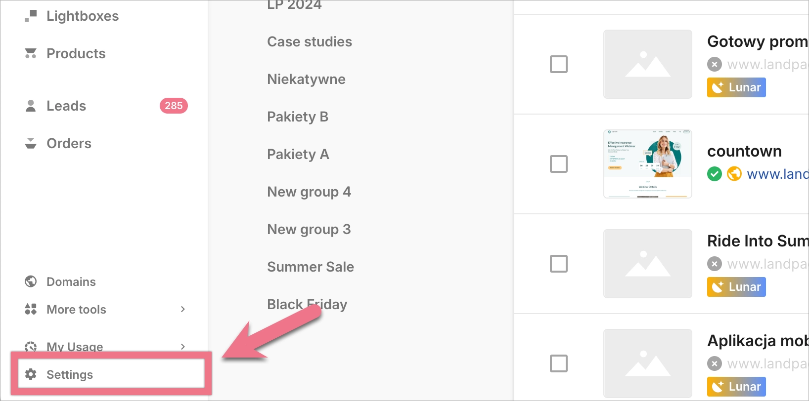 A menu on a Landingi platform highlights the “Settings” option with a pink box and arrow