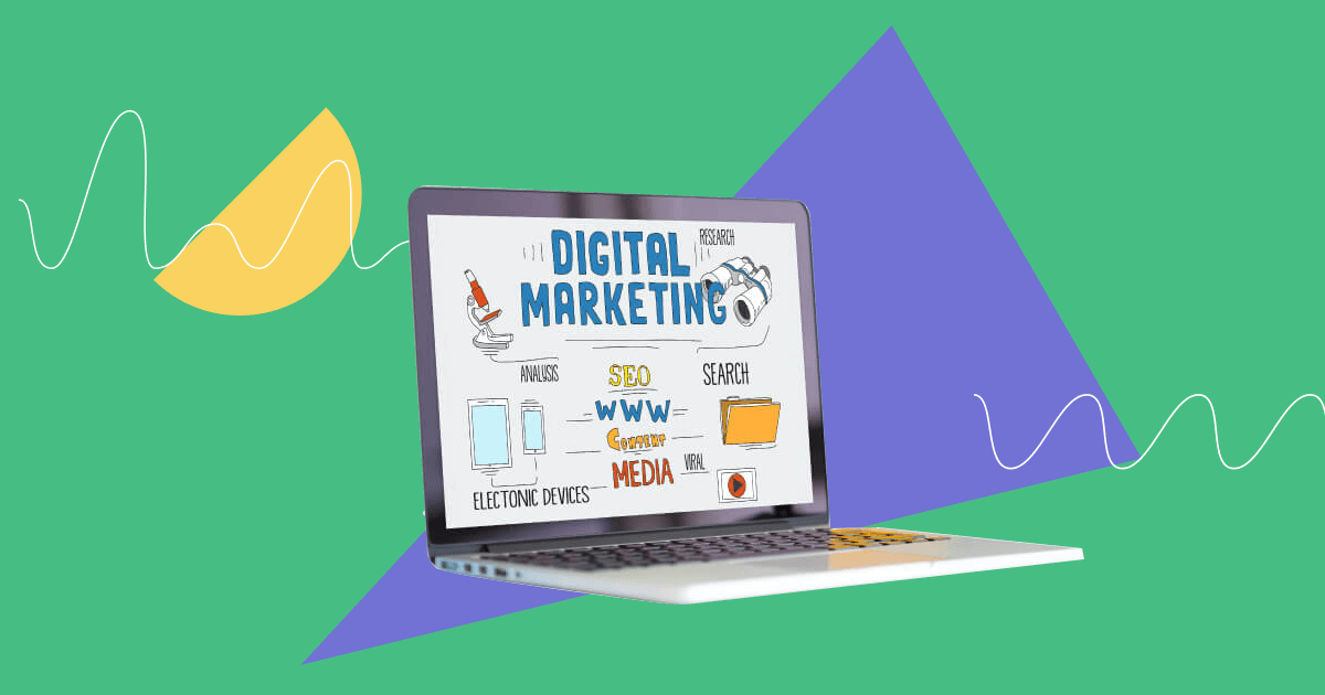 Elementos de marketing digital mostrados em uma tela de laptop