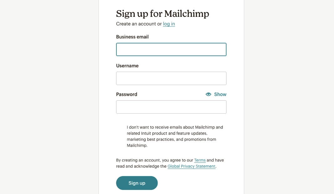 Strona rejestracji w platformie Mailchimp