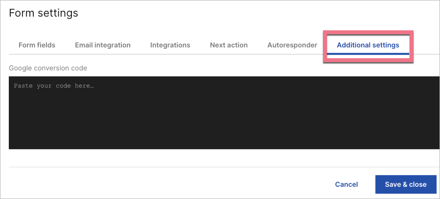Additional settings for landing page form