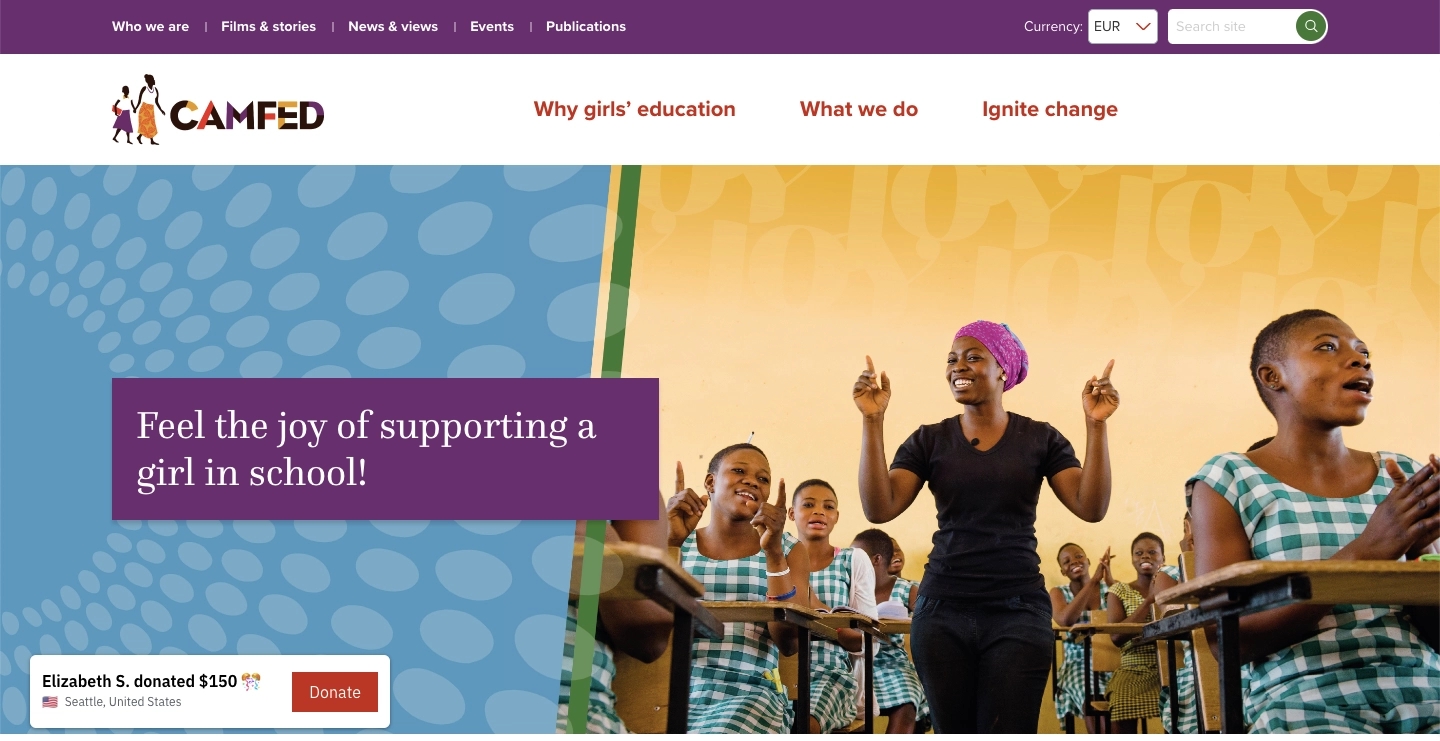 Donation landing page example: CAMFED