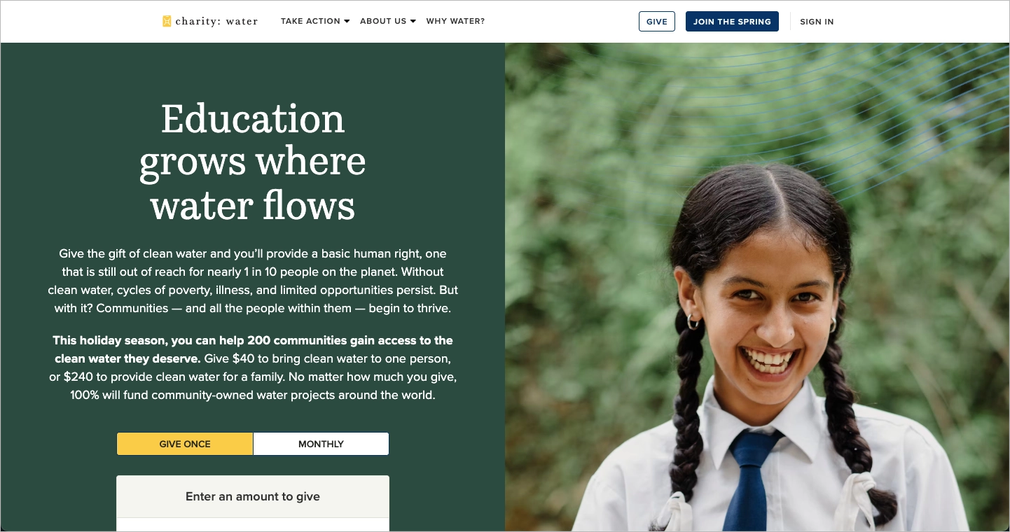 Non profit landing page example: Charity: Water