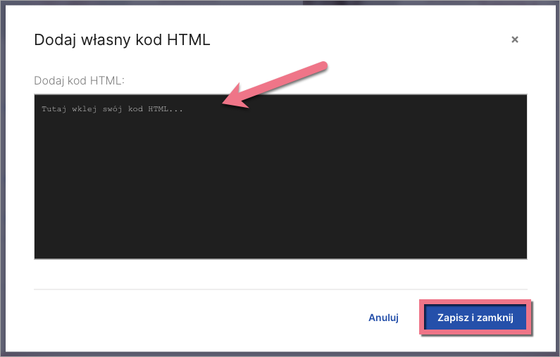 Okno dodawania kodu HTML do landing page'a