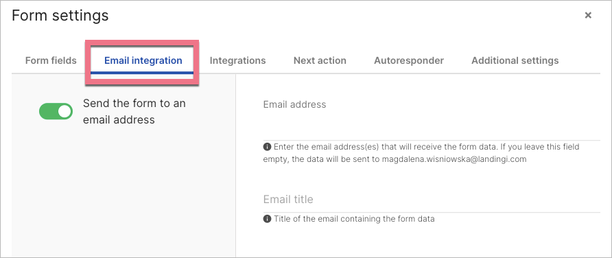 Email integration in Form settings
