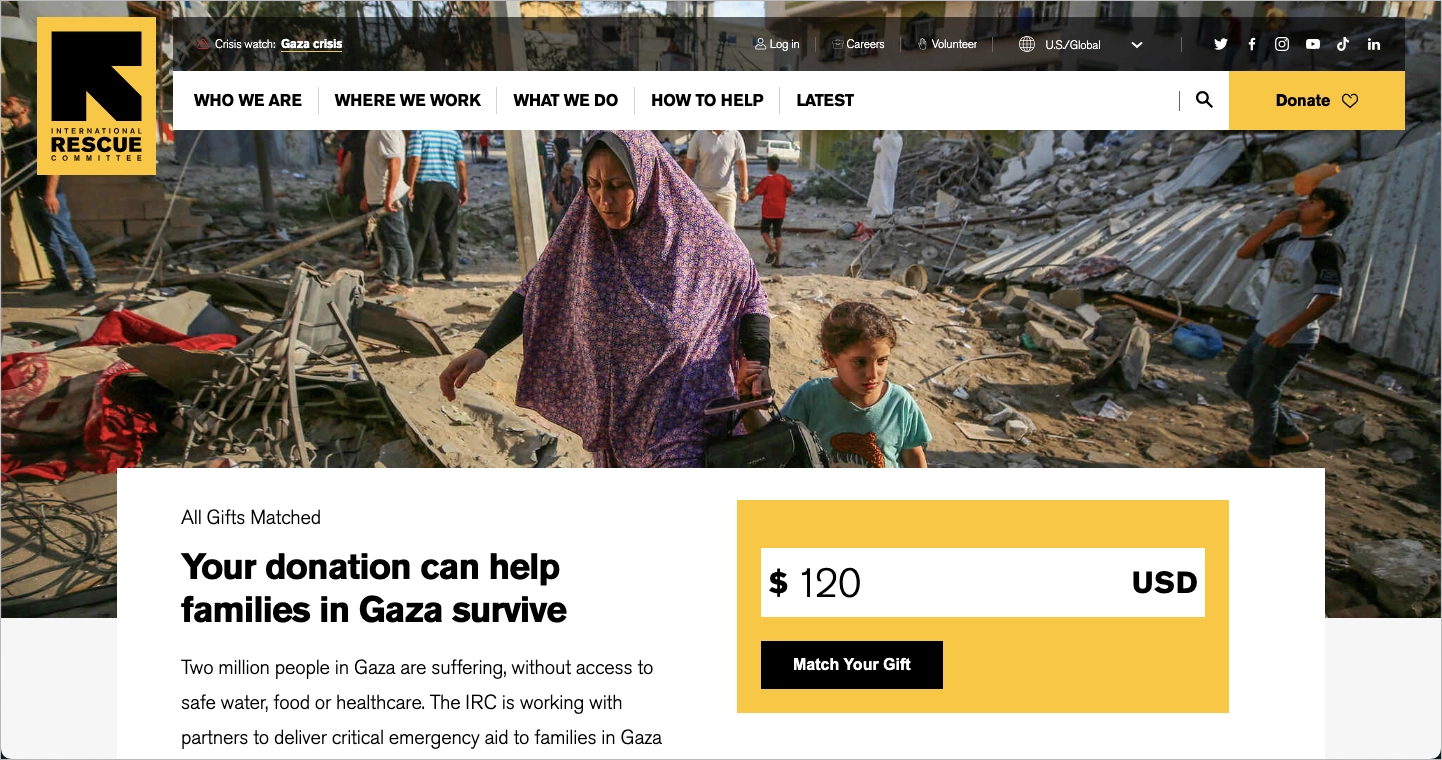 Non-profit Landing page Example: International Rescue Committee