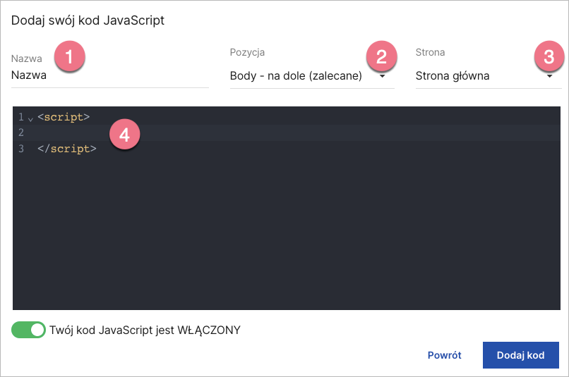 Wklej kod JavaScript w polu treści
