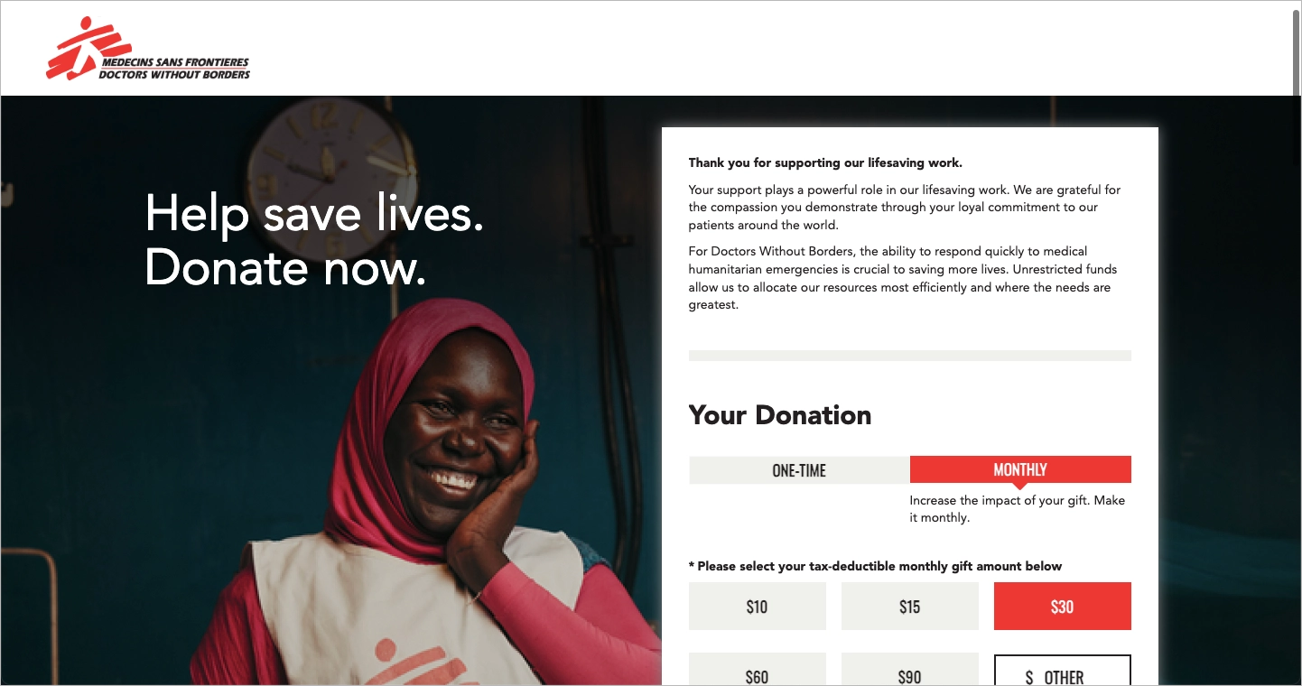 Donation form landing page example: Doctors Without Borders