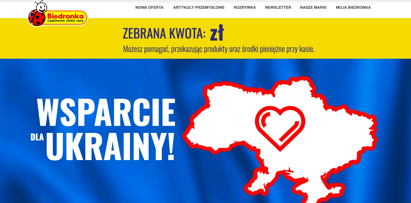 Non profit landing page example: Help for Ukraine (Biedronka)