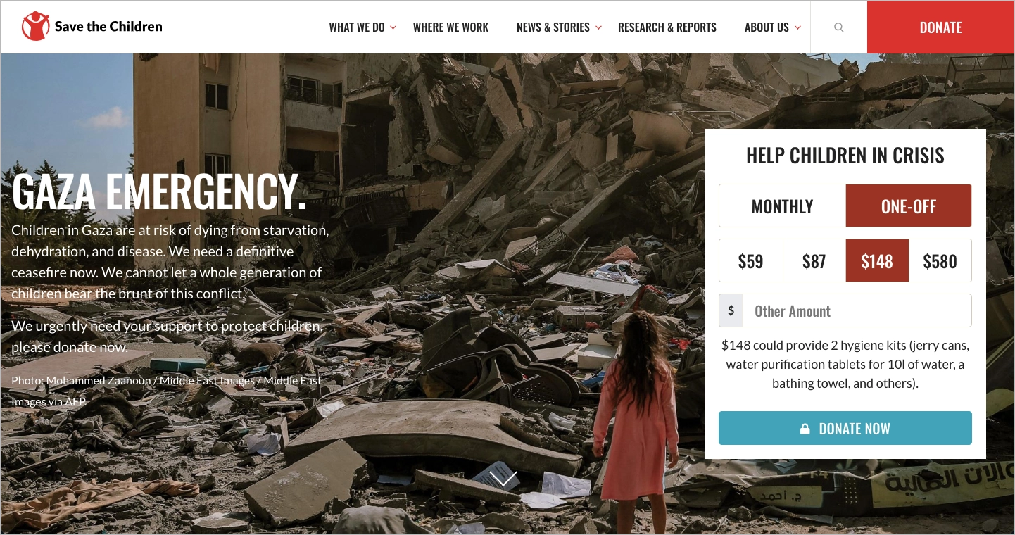 Donation landing page example Save the Children
