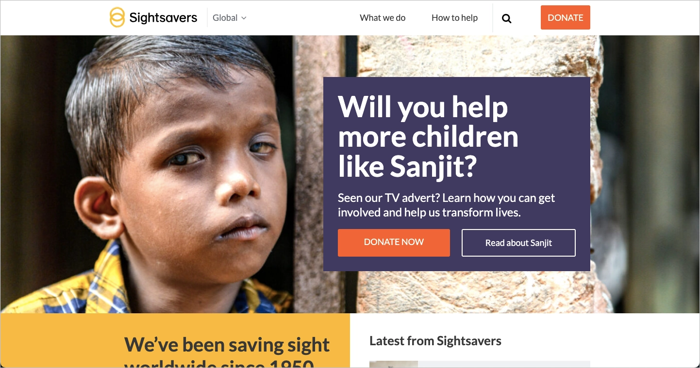 Charity landing page example: Sightsavers