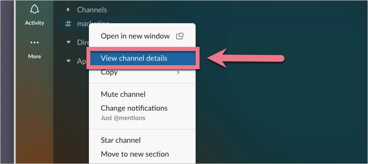 Z rozwijanego menu w Slack wybierz View channel/conversation details