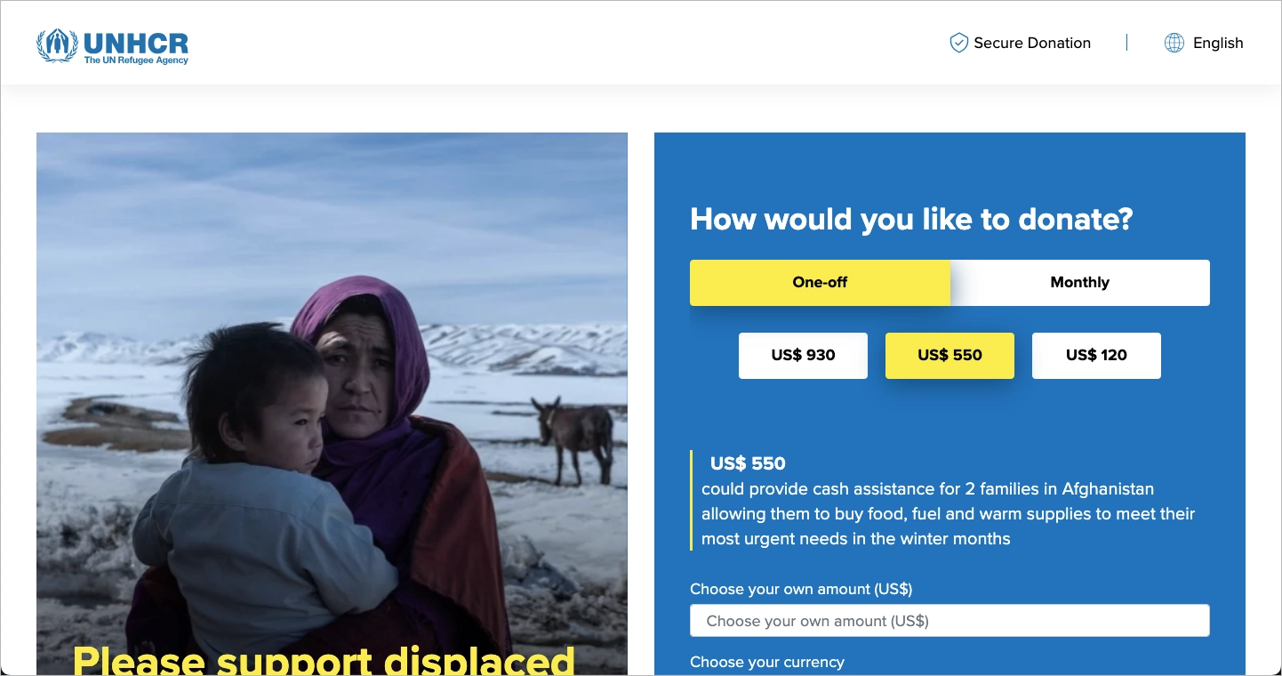 Fundraising landing page example: UNHCR