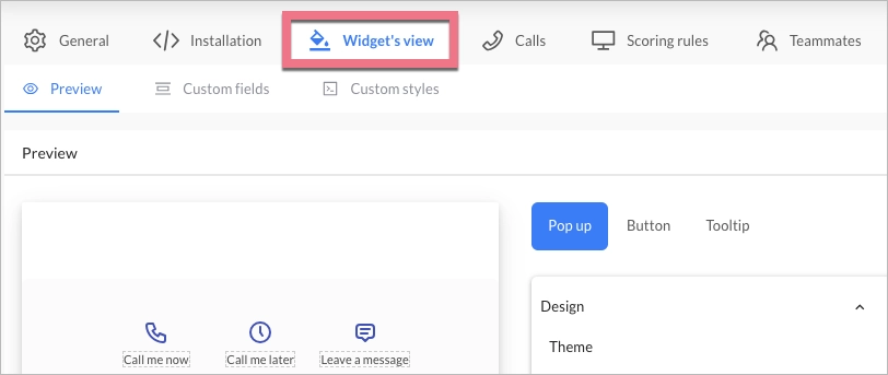 Widget's view settings in CallPage