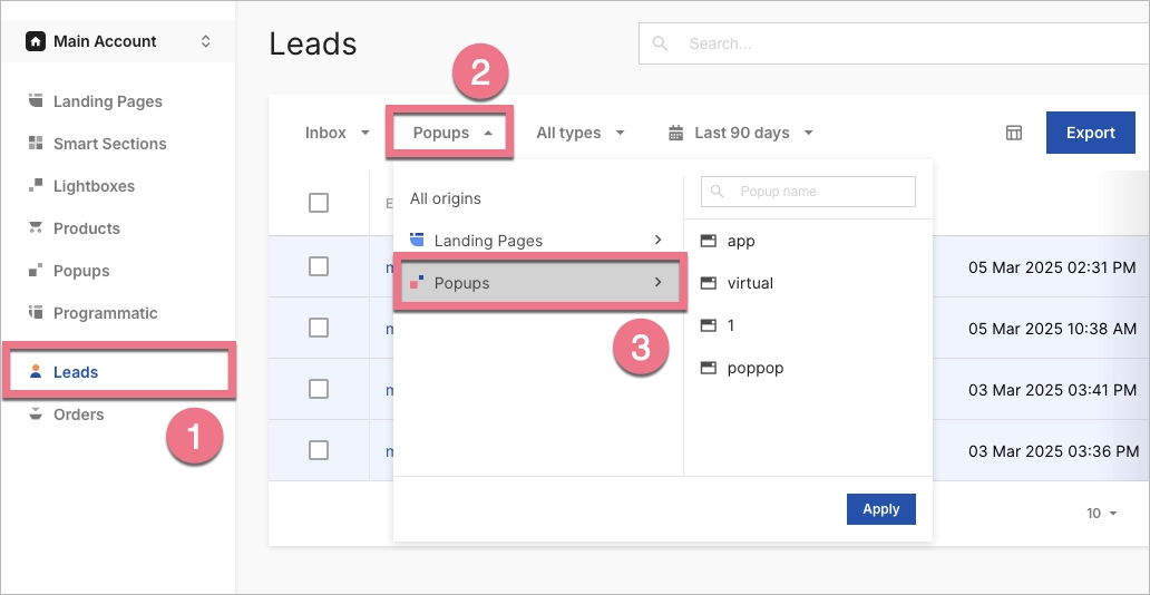 Leads from popups