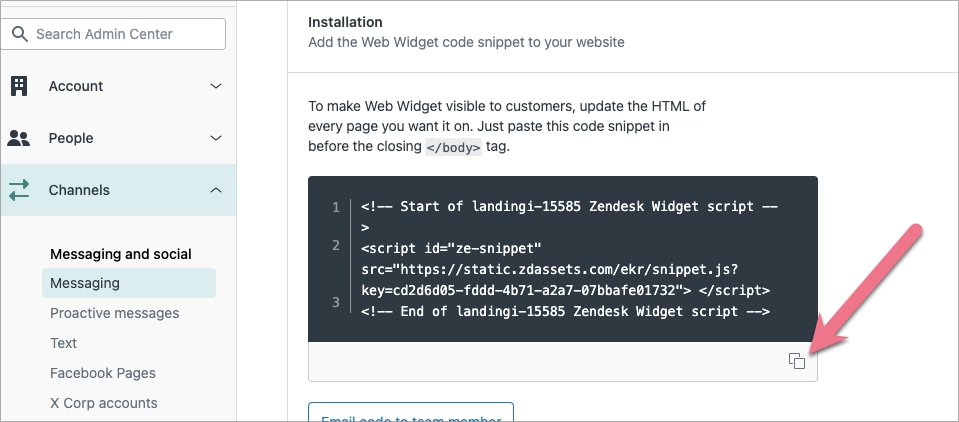 Zendesk Web Widget installation code snippet for integration with Landingi