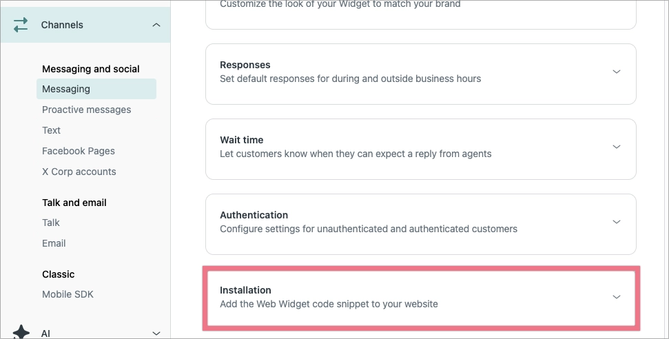 Zendesk Web Widget installation section highlighted