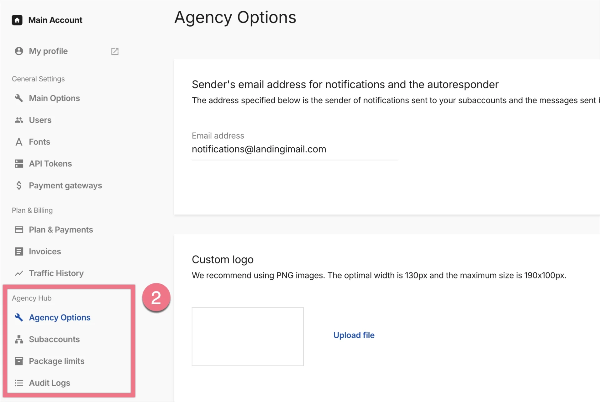 Agency Hub tab in Landingi platform