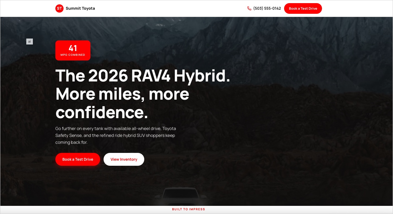 automotive landing page generated by Lunar 1