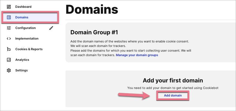Zakładka Domains w Cookiebot Admin
