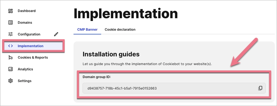 Implementation tab in Cookiebot Admin