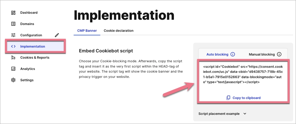 Copying implementation code from Cookiebot Admin
