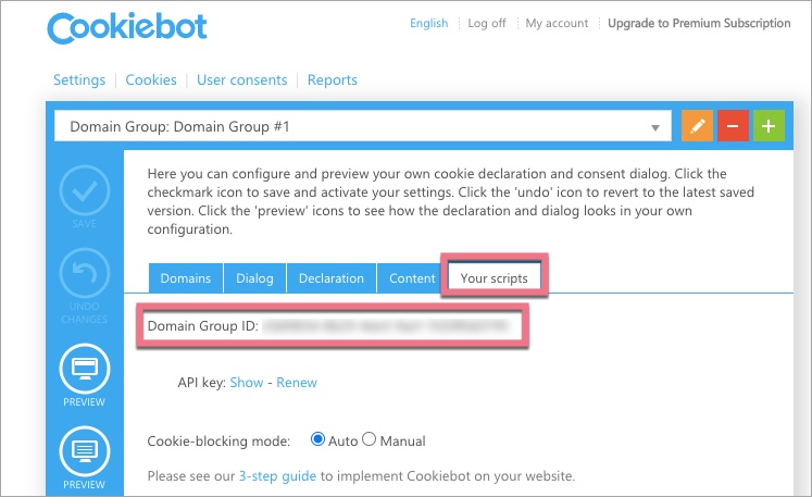 Kopiowanie ID grupy domen z Cookiebot Manager