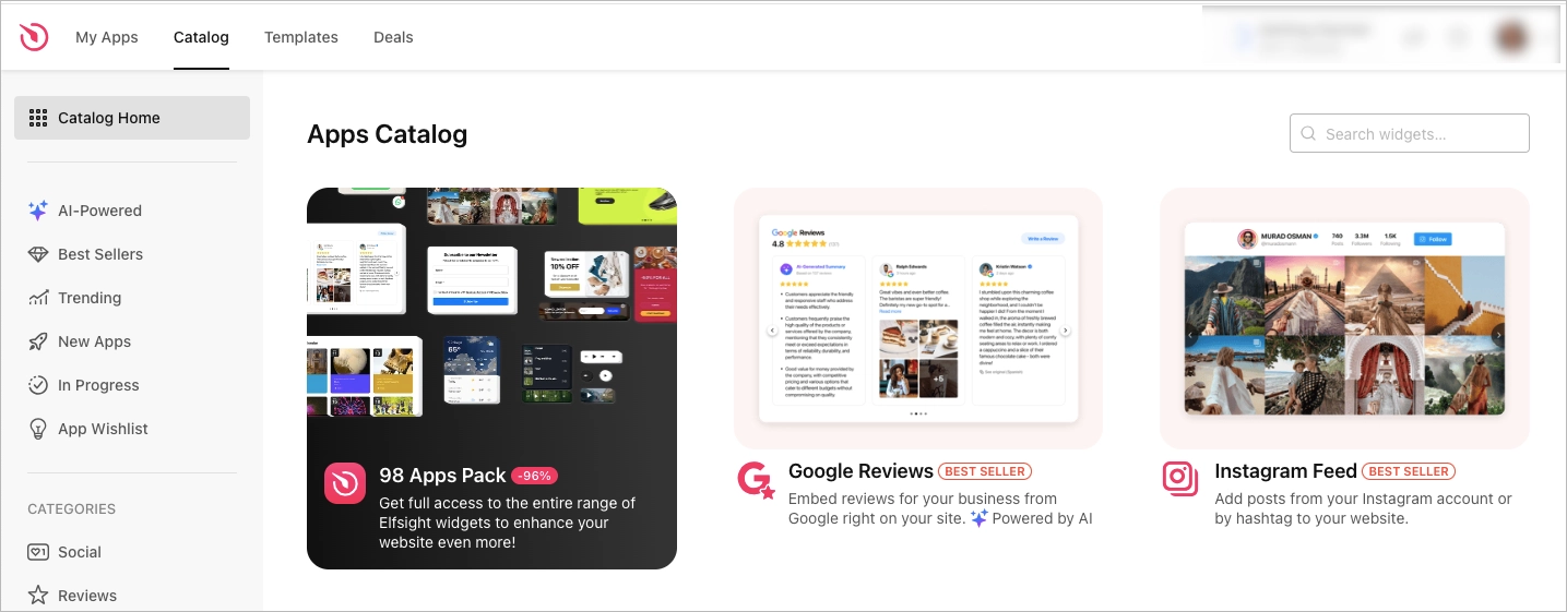 Dashboard showing “Apps Catalog” menu with Google Reviews app option highlighted for embedding site reviews