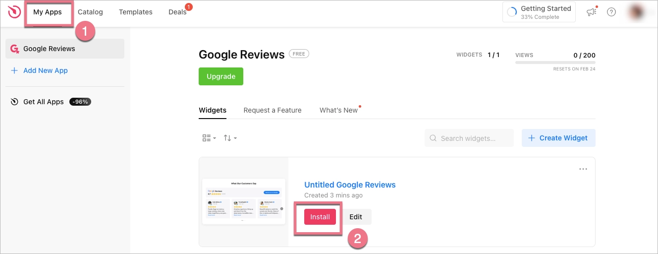 My apps catalog and red button Install
