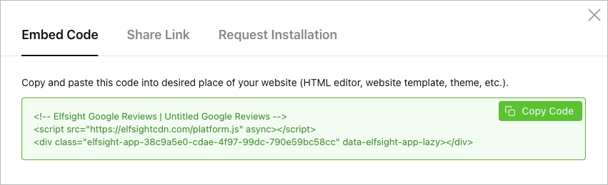 Dialog box with website widget code highlighted and a green I have installed the code button below