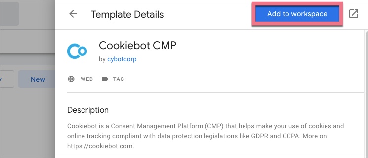 Cookiebot CMP template details in GTM