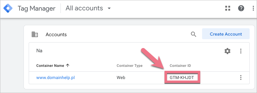 GTM container ID on an account list