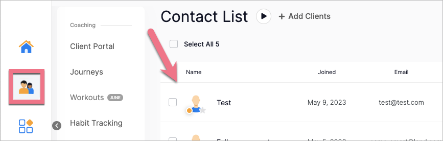 Contact list in Thrive Coach