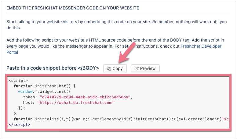 Copying the JavaScript code for the chat (Freshchat) to apply it on a landing page