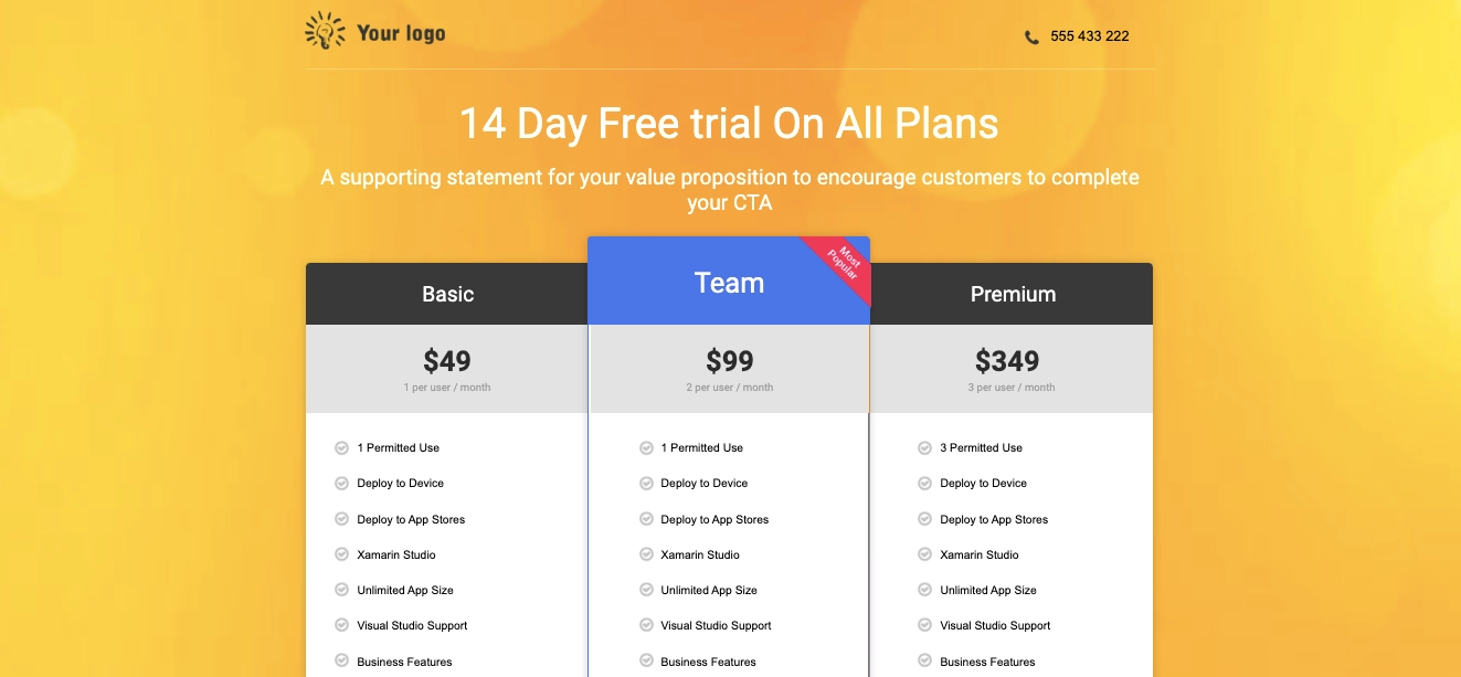 pricing page template