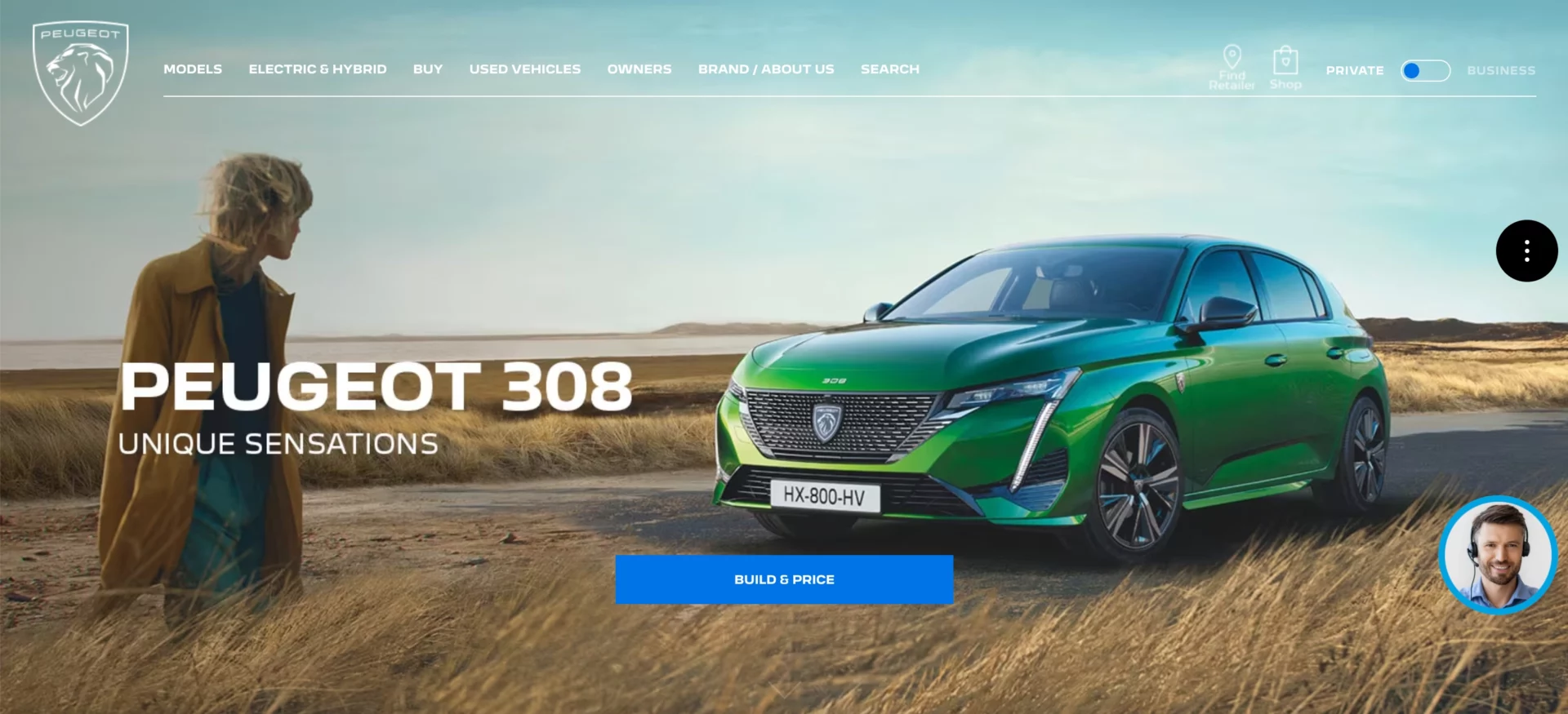 automotive landing page example — alluring image, clear call to action and the discrete navigation bar