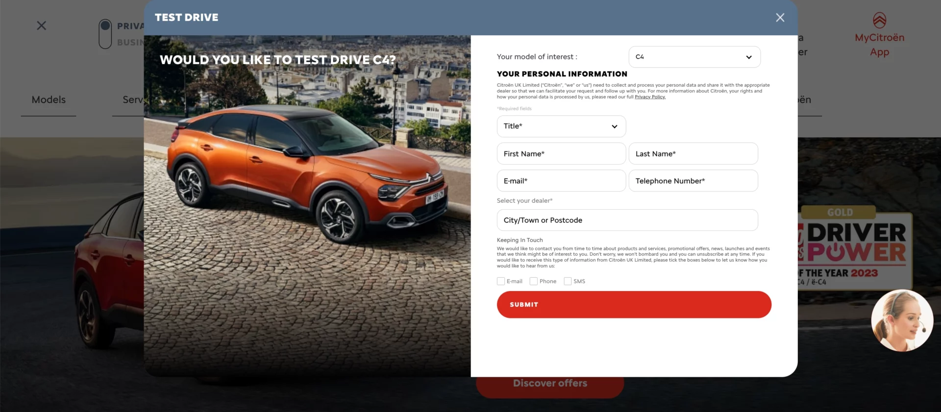 A landing page of the 2023 Citroën C4 with a clever use of social proof (contest winner badge)