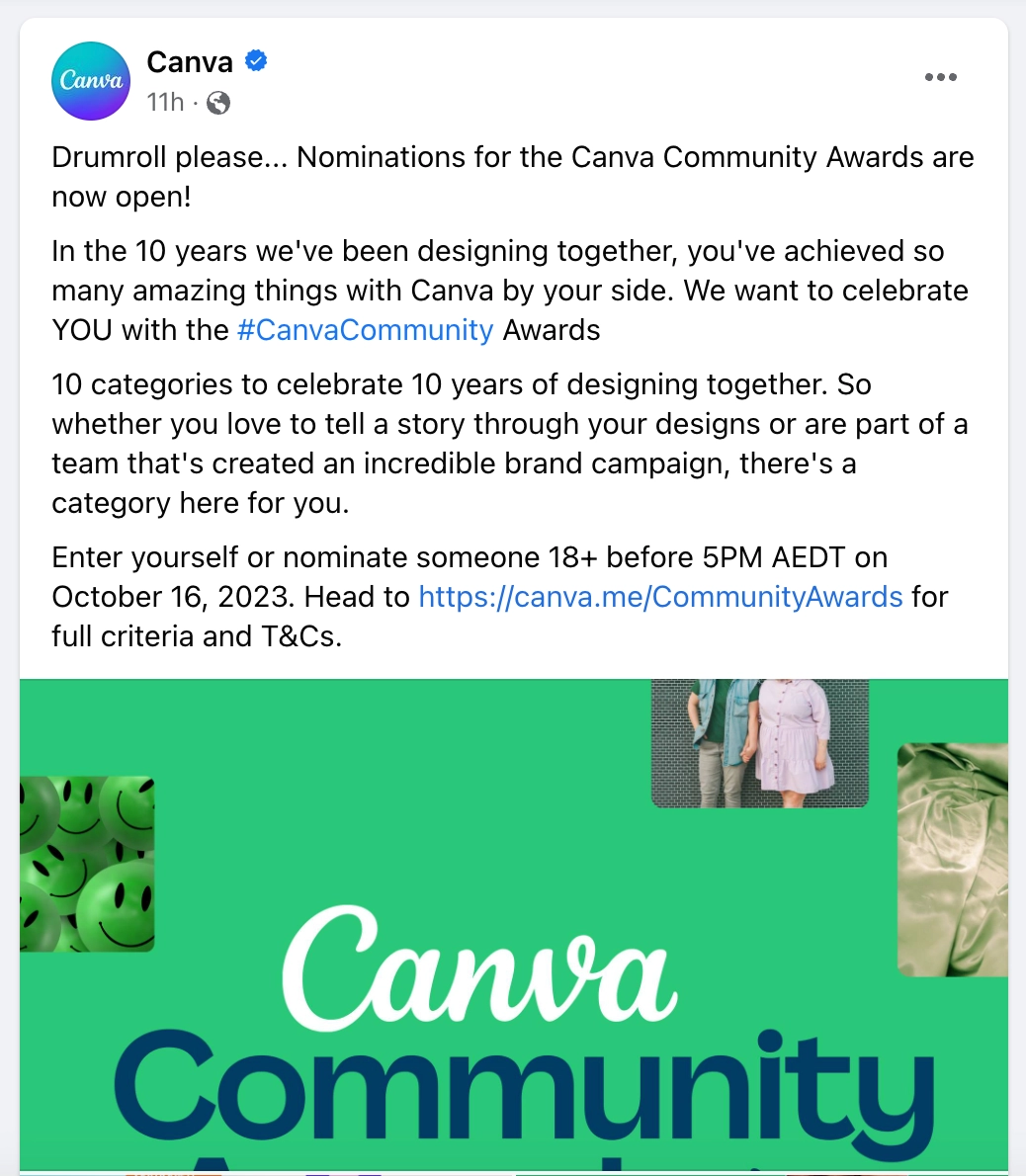 community awards by Canva as a form of UGC marketing
