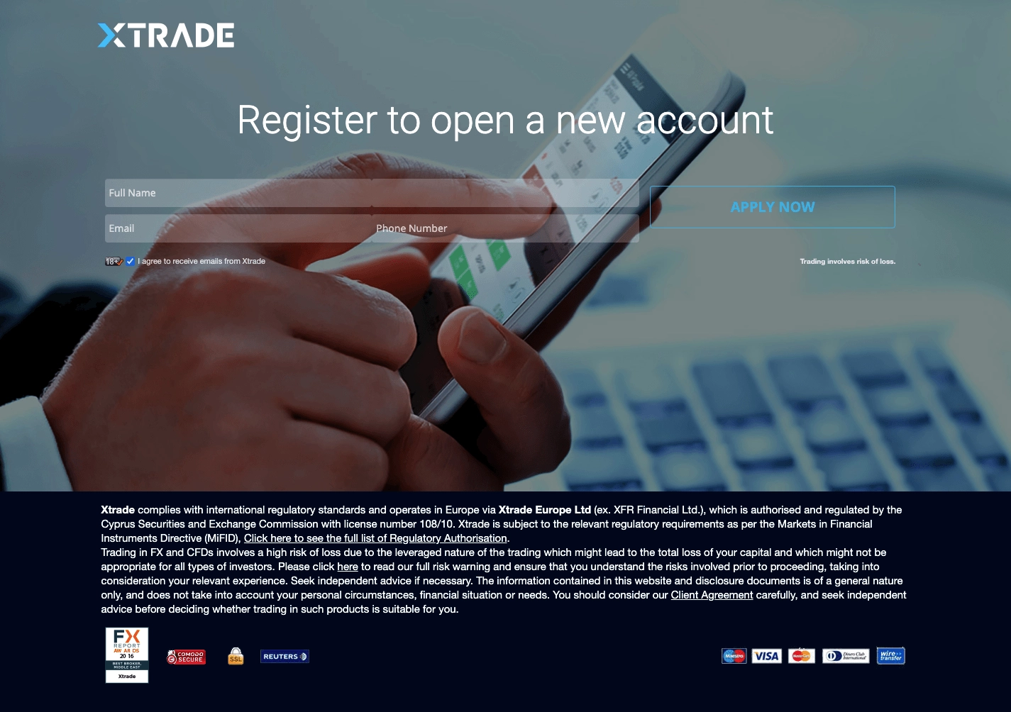 Example of financial service landing page (XTRADE)
