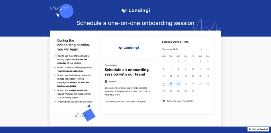 The screenshot of Landingi's Demo landing page where visitors can sign up for a call to discuss the platform and learn more about it