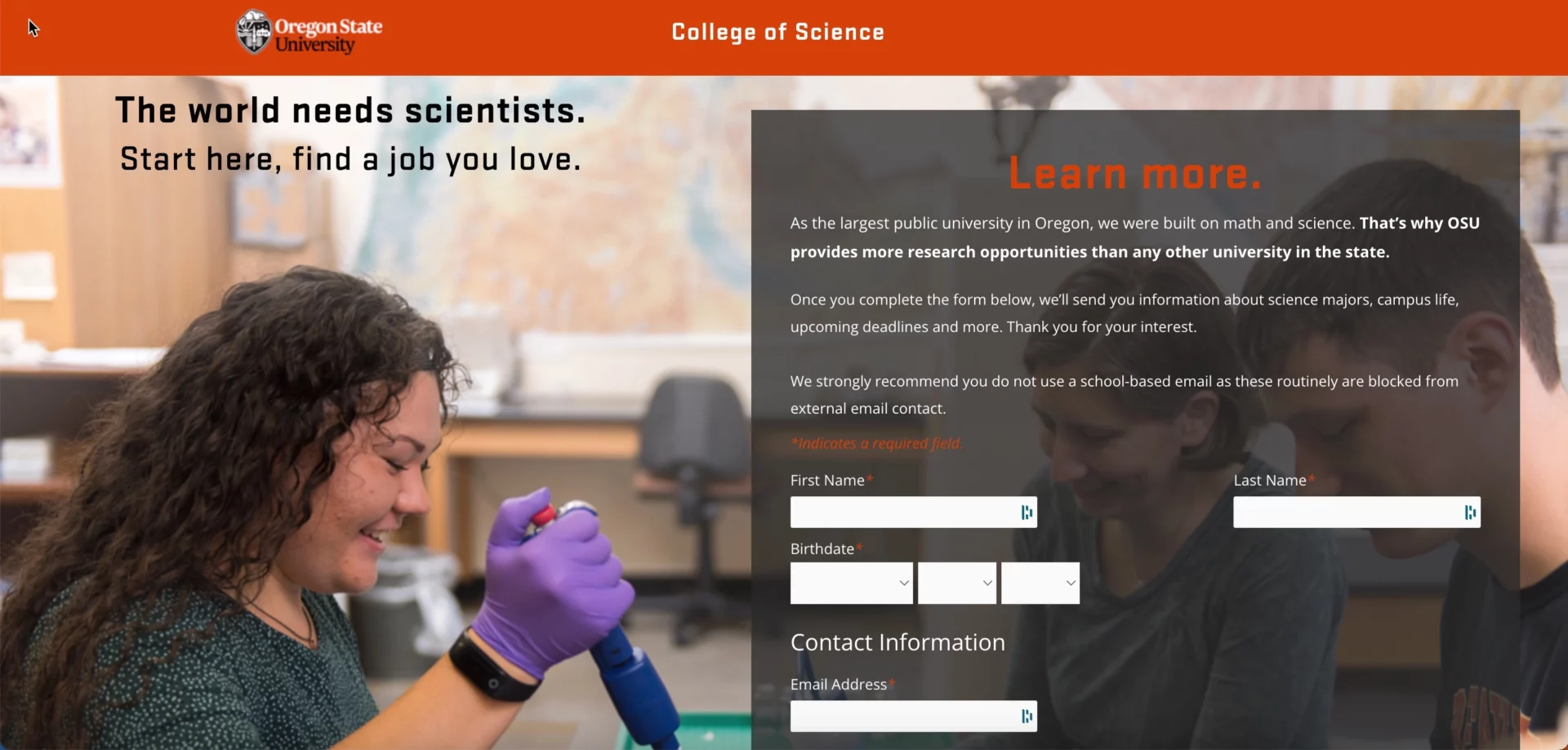 A landing page made where potential candidates can learn more about science degrees and request further information